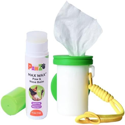 PawZ Travel Wax & Wipe Kit – Dog Paw Wipes Unscented (Clip-On Travel Tube) + Paw Balm Stick for Dogs, Clean, Moisturize & Protect Dog Paws, Mess-Free On-the-Go Paw Cleaning Kit by PawZDogBoots