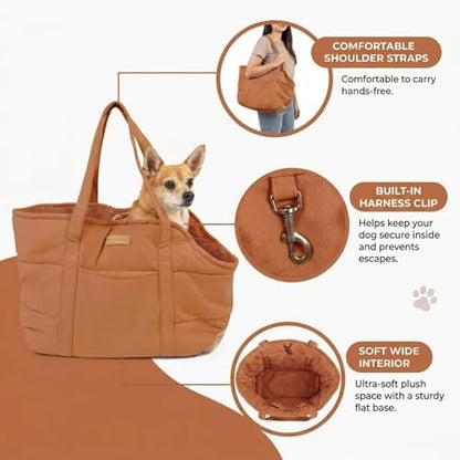 Plush Dog Purse Carrier for Small Dogs, Soft Dog Tote Bag with Safety Harness Clip, Cozy Pet Carrier for Dogs Under 15 lbs, Comfortable Dog Shoulder Carrier for Travel, Brown - Image 4