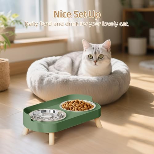 Elevated Cat Bowl, Raised Cat Food and Water Bowl Set for Indoor Cats, Splash Proof with 2 Stainless Steel Pet Food Bowls for Cats and Puppies, Whisker Fatigue and Dishwasher Safe - Green - Image 7