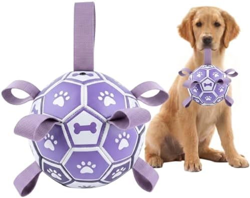 Dog Soccer Ball with Straps, 6 Inch Herding Dog Ball Toys Dog Birthday Toy, Balls for 20-40lbs Dogs, Outdoor Puppy Toys for Small Medium Dogs, Interactive Toy for Tug, Water Toy Ball,Purple by Unknown