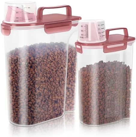 LEAWALK 2Pack Cat Dog Food Storage Container Upgraded Large Nozzle BPA-free, 3+5lbs Plastic Pet Food Containers, With 4 Sealed Clasps/1 Measuring Cup/Handle Easy Clean and Carry (Clear Pink) by LEAWALK