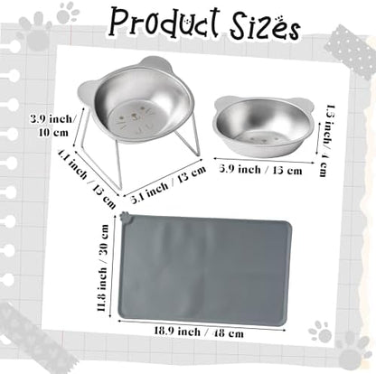 Elevated Cat Bowl with Food Mat - 15°Tilted Stand Raised Cat Bowl, Stainless Steel Whisker Friendly Anti Vomiting Food Water Dishes, Silicone Feeding Mat for Cats Puppy Kitten Small Dog - Image 2