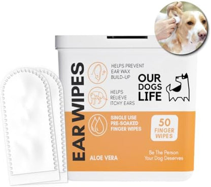 Dog Ear Wipes for Dogs | Ear Cleaning Wipes | Remove Wax, Dirt & Odor | Soothe Itchy Smelly Ears | 50 Soothing Aloe Vera Dog Ear Cleaner Finger Wipes by DogsLife