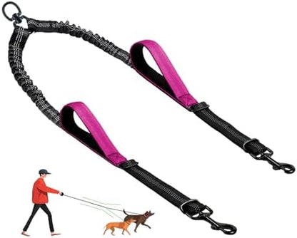 Double Dog Leash - No Tangle Splitter for Two Dogs, Coupler with Adjustable Long Lead Rope, Dual Control Handles, Retractable No Pull Bungee, Walk Train Small Medium Large 2 Pets (Fuchsia) by LEOSASA
