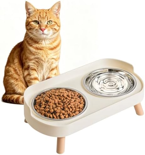 LoeJan Elevated Cat Bowls Set - Raised Cat Food and Water Bowl Set with Non Slip Stand - Pet Feeding Station with 2 Stainless Steel Bowls with Splash Proof Guard by LoeJan