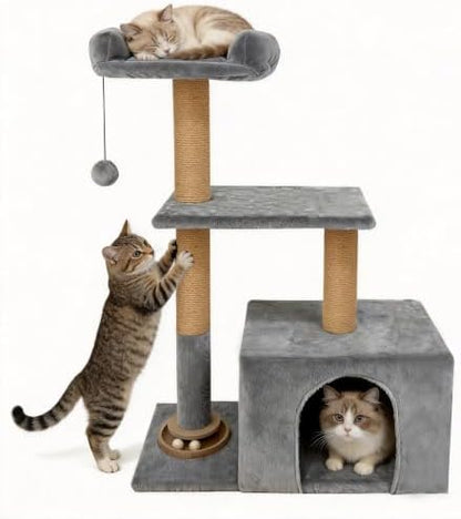 Small Cat Tree for Indoor Cats, Activity Cat Tower with Scratching Post for Kittens, Modern Cat Furniture with Basket & Hanging Ball for Play Rest, Grey by Unknown