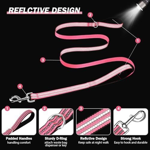 Hikiko 6FT Dog Leash with 2 Padded Handles Reflective,Hot Pink - Image 5