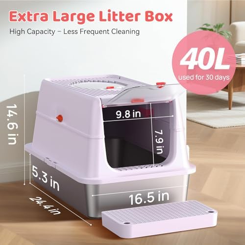 Stainless Steel Cat Litter Box with Lid, 160° Flip Top Kitty Litterbox, XL High Sided Enclosure Litter Pan for Big Cats, Front & Top Entry, Anti-Leakage, Odor-Free, Includes Scoop Mat, Purple Pink - Image 5