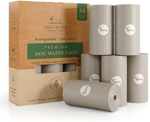NINA WOOF Dog Poop Bags Rolls - 90 Compostable & Biodegradable for Puppy Walks, Travel, Thick Refill Housebreaking dog poo bags Premium Cornstarch Pet Poo Bags Dogs by NinaWoof