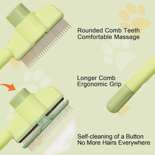 Dogs and Cats Comb with Release Button, Pet Hair Removal Tools with Safe Stainless Steel Teeth for Deshedding, Cat Grooming Supplies for Long/Short Hair, Cat Brush for Shedding, Green - Image 4