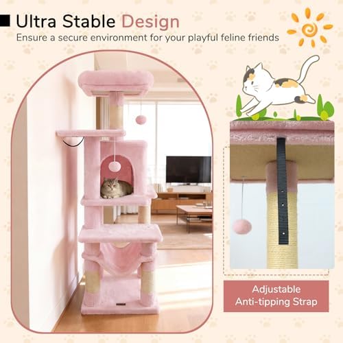 DORTALA Cat Tree for Indoor Cats, 44" Modern Cat Tower with Top Perch, Condo, Hammock, Sisal Scratching Posts, Dangling Balls, Platforms, Multi-Level Pet Climbing Furniture Playground (Pink) - Image 7