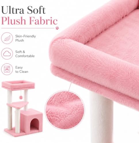 Small Cat Tree Tower for Indoor Cats, 33 Inches Multi-Level Cat Condo with Scratching Posts, Large Perch, Hanging Toy for Large Adult Cats, Pink - Image 4