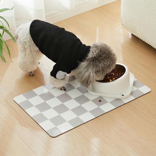Checkered Dog Feeding Mat, Absorbent Mats for Dog Food and Water Bowl, Dispenser, Feeder, Retro Aesthetic Grey Checkerboard Pet Placemat for Dogs, Cats, Puppy Accessories, 16" X 24” - Image 3