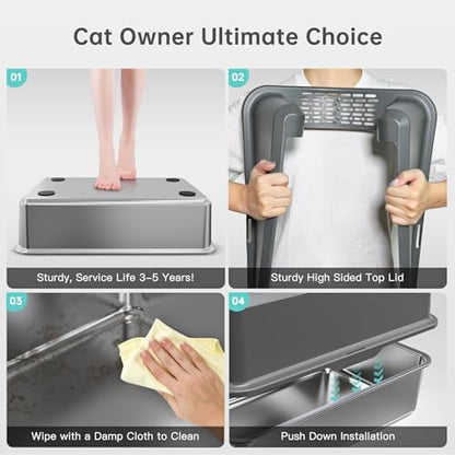 Stainless Steel Cat Litter Box, XL High Sided Open Top Litter Pan, 1 Scoop - Image 5