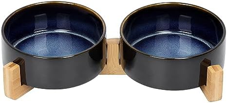 SPUNKYJUNKY Ceramic Dog and Cat Bowl Set with Wooden Stand, Modern Cute Weighted Food Water Set for Small Size Dogs (13.5OZ) & Medium Sized Dogs (28.7OZ) & Cats (1.7 Cups, 2 × Starry Blue) by SPUNKYJUNKY