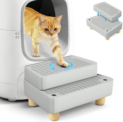 Extra Large 2 Steps Cat Litter Box Step Ramp, Cat Litter Catcher Mat with Wooden Feet, Filter Function, Cat's Pedal Stool for Self-Cleaning Litter, Suitable Kitten & Elderly Cats (Light Grey) by Bartuke