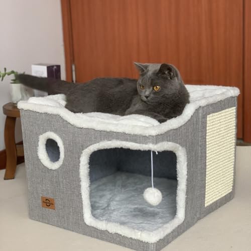 Cat Bed for Indoor Cats,Covered Cat Cave House & Furniture with Scratch Pad,Foldable Cat Hideaway Hut Cute Cat Condo with Soft Washable Mat for Multi Small Pet Under 30 lbs,Light Grey by Heerduos