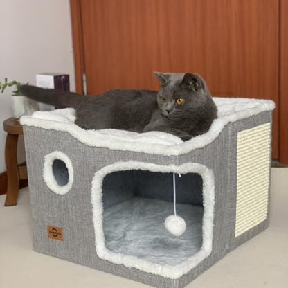 Cat Bed for Indoor Cats,Covered Cat Cave House & Furniture with Scratch Pad,Foldable Cat Hideaway Hut Cute Cat Condo with Soft Washable Mat for Multi Small Pet Under 30 lbs,Light Grey by Heerduos