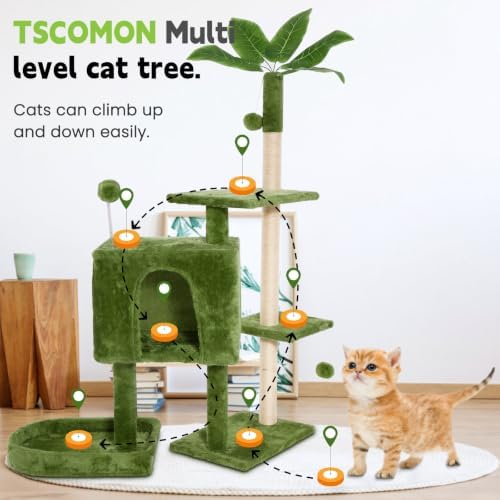 52inch Large Cat Tree Tower Condo with Hammock for Indoor Cats, Soft Plush Multi-Level Climbing Tree Cat House with Cat Cave, Scratching Post, Sisal Rope, Green - Image 2