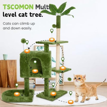 52inch Large Cat Tree Tower Condo with Hammock for Indoor Cats, Soft Plush Multi-Level Climbing Tree Cat House with Cat Cave, Scratching Post, Sisal Rope, Green - Image 2