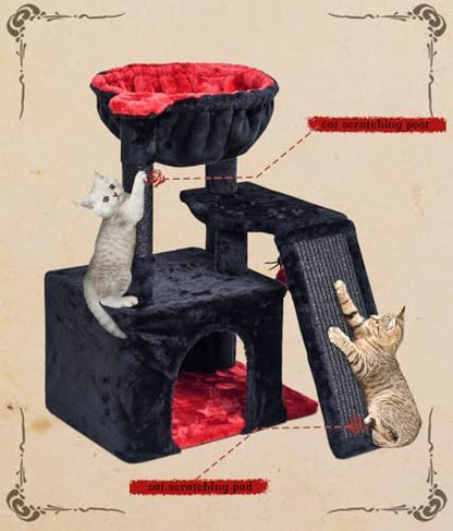 SYANDLVY Gothic Cat Tree for Indoor Cats Large Adult, Modern Activity Tower with Scratching Posts & Board, Condo with Plush Perch, Cradle & Hanging Ball & Spider for Play, Black - Image 6