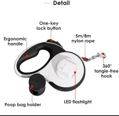 Retractable Dog Leash with LED Light for Night Walking – 16ft Tangle-Free Leash with Poop Bag Dispenser, One-Button Lock, Reflective Handle - Image 6
