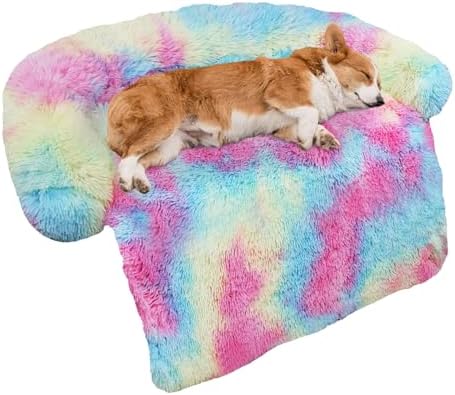 GGIB Calming Dog Bed Fluffy Plush Dog Mat for Furniture Protector with Removable Washable Cover for Large Medium Small Dogs and Cats (Medium, Rainbow) by GGIB