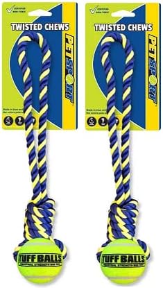 PetSport 2 Pack of Knotted Rope Tug Dog Toys with 2.5-Inch Tuff Tennis Balls, 14 Inch