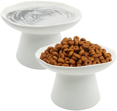 VCEPJH Raised Cat Food Bowls Shallow Cat Plate Pack of 2 Ceramic Elevated Cats Dish 6.1in Flat Anti Whisker Fatigue Wide Pet Food & Water Feeder for Indoor Kitty Kitten (White) by VCEPJH