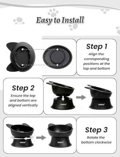 YINEYA Elevated Cat Bowls 2 Pcs, Cat Food Bowl to Protect Neck & Anti-Vomit, Whisker-Friendly Raised Food and Water Bowls Set for Indoor Cats/Small Dogs, Cute Pet Feeding Bowl 6 OZ Each, Black&White - Image 6