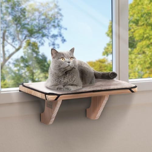PETSFIT Cat Window Perch, Solid Wood, Fleece Mat, Windowsill Bedside Drawer by Petsfit