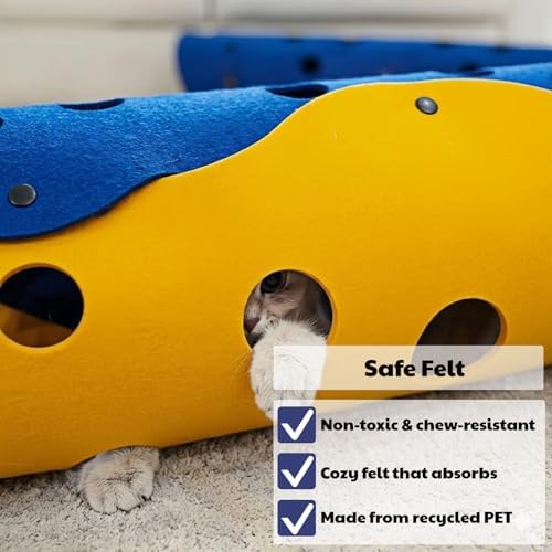 Felt Cat Tunnel and Bed Set, 2-in-1 DIY Foldable, Blue and Yellow, 5mm Thick, with Feather Bird Toy (Blue&Yellow, Large) - Image 4
