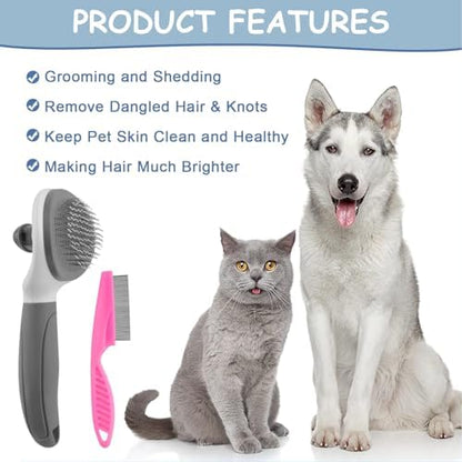Cat Brushes for Indoor Cats, Dog Brush for Shedding with Metal Cat Comb, Self Cleaning Pet Hair Brush with Release Button for Grooming Kitten(Dark Grey) - Image 4