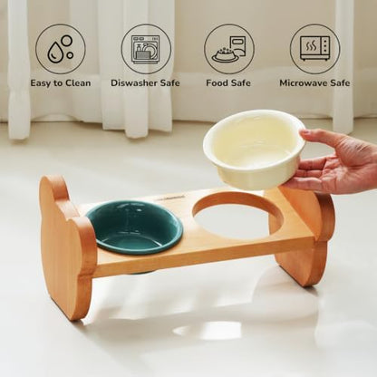 Elevated Double Ceramic Cat Bowls with Solid Beech Wood Stand, 10° Tilted - Image 3