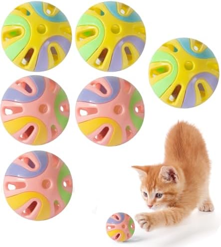 Colorful Cat Toy Balls with Bell 6PCS, Interactive Hollow Design, Plastic, Training Exercise Toy(2 in 1 2P) by ANJOBIBI