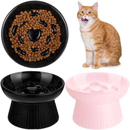 Tioncy 2 Pcs Ceramic Elevated Slow Feeder Cat Bowl, Black, Pink by Tioncy