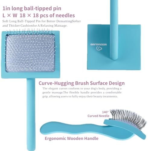 Blue Slicker Brush Long Haired Dog Wooden Handle Coated Pins - Image 2