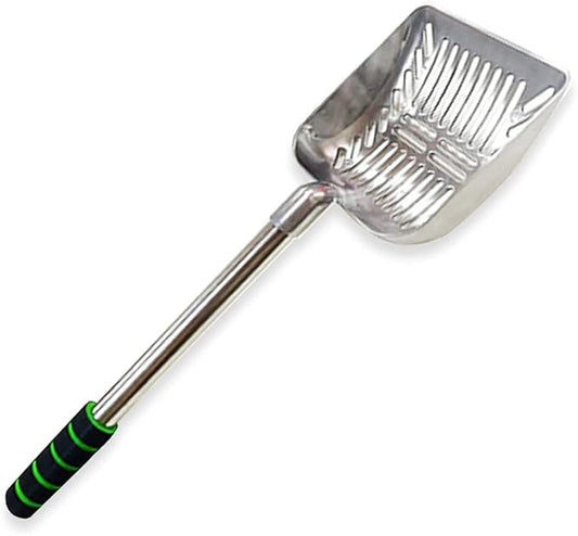 SunGrow Cat Litter Scoop, Stainless Steel Long Handle Chicken Coop Poop Scooper, Comfortable 9” Handle, 5” Wide Mouth, Narrow Slits and High Sides Metal Sifter, for Litter Boxes or Gardening