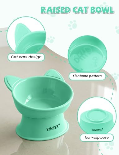 YINEYA Elevated Cat Bowls 2 Pcs, Cat Food Bowl to Protect Neck & Anti-Vomit, Whisker-Friendly Raised Food and Water Bowls Set for Indoor Cats/Small Dogs, Cute Pet Feeding Bowl 6 OZ Each, Pink & Green - Image 5