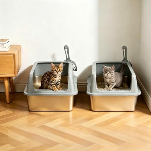 Kirecoo 2 Pack Medium Semi-Enclosed Stainless Steel Cat Litter Box with Lid - Image 7