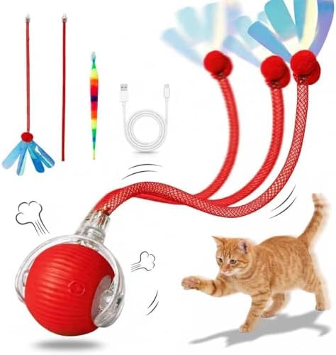Interactive Cat Toys Ball，Automatic Interactive Cat Toy with 3 Modes, LED Light & 3 Replaceable Accessories, Indoor Cat Exercise Toy for Kittens & Adult Cats, Relieves Boredom Maple red by Unknown