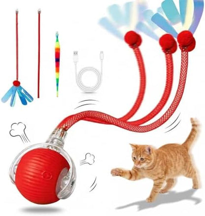 Interactive Cat Toys Ball，Automatic Interactive Cat Toy with 3 Modes, LED Light & 3 Replaceable Accessories, Indoor Cat Exercise Toy for Kittens & Adult Cats, Relieves Boredom Maple red by Unknown