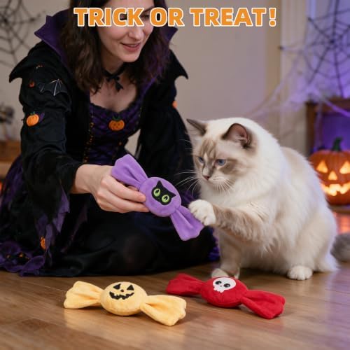 KOOLTAIL 3 Pack Halloween Catnip Toys, Candy Shaped Filled Plush Crinkle Interactive Chew Toys with Spooky Pumpkin Skull Patterns for Indoor Cats Kittens, Boredom Relief Holiday Pet Play Gifts - Image 2