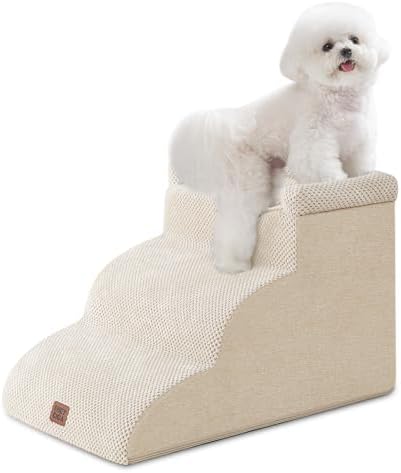 EHEYCIGA 3-Step Curved Dog Stairs for Small Dogs 14" H, Beige by EHEYCIGA