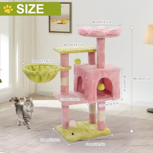 Cat Tree Tower with Hammock,40" Cat Trees for Indoor Cats Large Adult(Pink) - Image 3