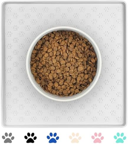 Ptlom Pet Placemat for Dog and Cat, Waterproof Silicone Pet Feeding Bowl Mats for Food and Water, Small Medium Large Dogs Mat Prevent Residues from Spilling to Floor, White, 11.8"x11.8" by PTLOM