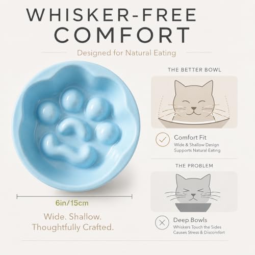Ceramic Slow Feeder Cat Bowl, Elevated Tilted Design, Blue - Image 5