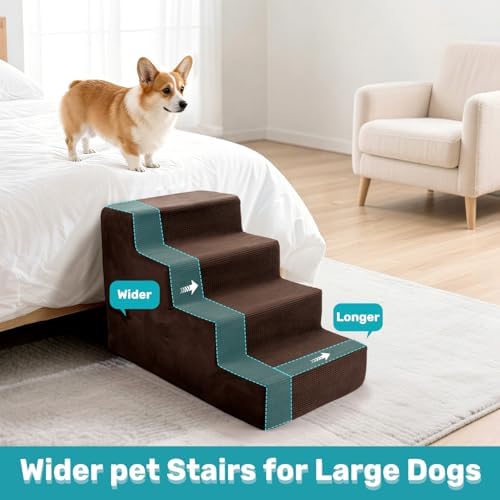 Dog Stairs for Bed, Extra Wide 4-Step Dog Steps for High Bed, High-Density Foam Pet Stairs with Non-Slip Removable Washable Cover for Small Pets, 18" H, Brown - Image 7