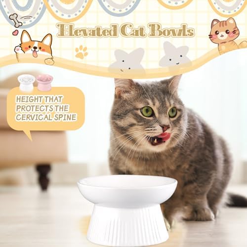 Layhit 2 Pack Raised Slow Feeder Cat Bowls Ceramic Elevated Cat Food Bowls Anti Vomiting Slow Feeder for Dog and Kitten for Dry and Wet Food(Pink, White) - Image 6