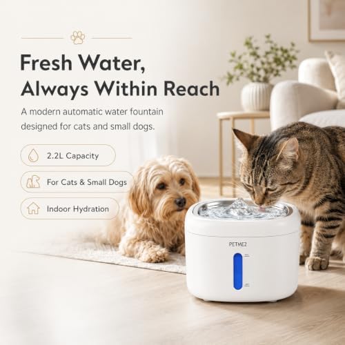 Automatic Cat Water Fountain with Filters Included - 2.2L Whisper Quiet Cat Waterer with Stainless Steel Water Bowl Tray, 4-Layer Filtration, Visible Water Level Window & Filter Cartridge - Image 2